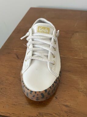 Keds Kids White Sneaker with Leopard-Print Toe and Gold Accents